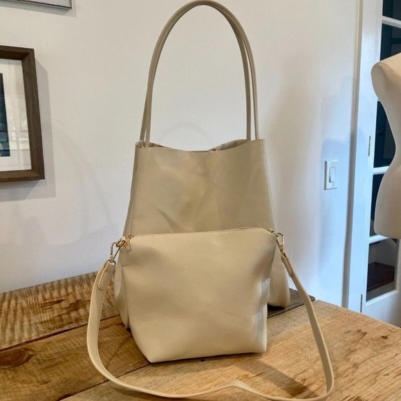 Anthropologie The Hollace Tote Ivory Vegan Leather Tote with inner removable bag - Picture 4 of 12